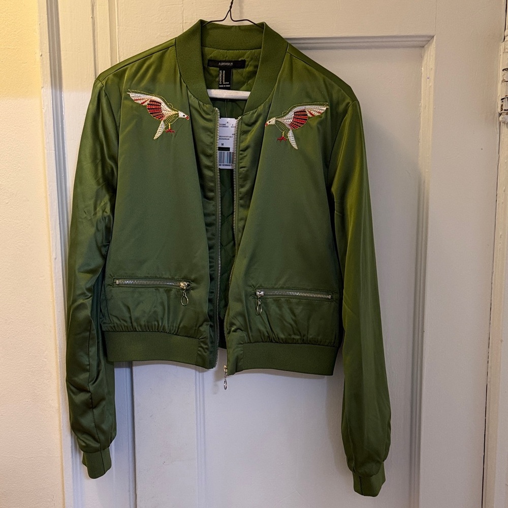 Forever 21 Olive Bomber Jacket with Bird Embroidery